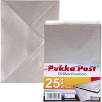 Pukka Post & Packaging C6 Envelopes, Plain, Gummed, 100gsm, Silver, Pack of 25