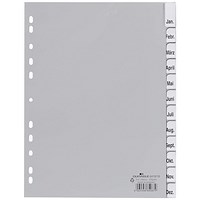 Durable 12 Part Removable Tab Reinforced Punched Index Dividers, Jan-Dec, A4, Grey, Pack of 20