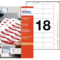 Avery Printable Inserts 65mm x 30mm All Printer Types 180 Inserts/10 Sheets (Pack 180 Inserts) - 6530