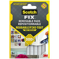 Scotch Fix Removable Adhesive Pads Holds up to 300g 11mm x 15mm (36 Pads Per Strip) White -