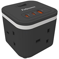 Fellowes Power Cube 3x230v 1xUSB-A 2x USB-C Socket 2m Cable Black -