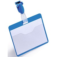 Durable Clip Name Tag ID Badge Card Holders + Inserts, 54x90mm, Blue, Pack of 25