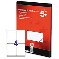 5 Star Multipurpose Laser Labels, 4 per Sheet, 139x99.1mm, White, 400 Labels