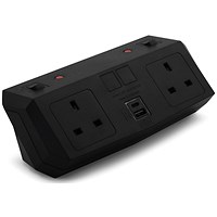 On Desk Power Module, 2xUK Socket Dual USB Port Type A+C PD/QC Charger, Black