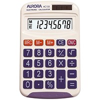 Aurora Handheld Calculator, 8 Digit, 3 Key, Solar and Battery Power, White