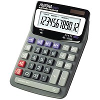 Aurora Desktop Calculator, 12 Digit, 2x3 Key, Battery/Solar Power, Black