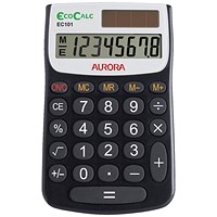 Aurora EcoCalc Handheld Calculator, 8 Digit, 4 Key, Solar Power, Recycled, Black