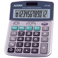 Aurora Semi-desk Calculator, 12 Digit, 3 Key, Battery/Solar Power, Grey
