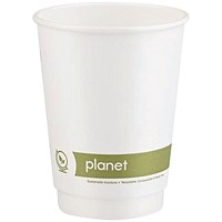 Planet Double Wall Plastic-Free Cups, 341ml, White, Pack of 25