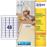 Avery L4736REV-25 Removable Laser Labels, 48 per Sheet, 45.7x21.2mm, White, 1200 Labels