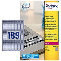 Avery L6008-20.UK Heavy Duty Laser Labels, 189 per Sheet, 25.4x10mm, Silver, 3780 Labels