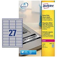 Avery L6011-20.UK Heavy Duty Laser Labels, 27 per Sheet, 63.5x29.6mm, Silver, 540 Labels