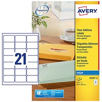 Avery Inkjet Labels, 21 Per Sheet, 63.5x38.1mm, Clear, 525 Labels