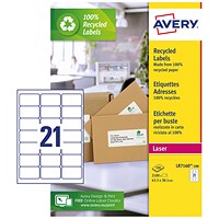 Avery Recycled Laser Labels, 21 Per Sheet, 63.5x38.1mm, White, 2100 Labels
