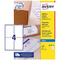 Avery J8169-100 Inkjet Labels, 4 Per Sheet, 139x99.1mm, White, 400 Labels Avery J8169-100 Inkjet Labels, 4 Per Sheet, 139x99.1mm, White, 400 Labels