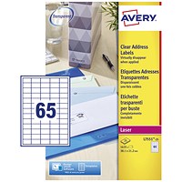 Avery Laser Labels, 65 Per Sheet, 38.1x21.2mm, Clear, 1625 Labels
