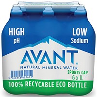 Avant Natural Mineral Water, Sportscap Plastic Bottle, 1 Litre, Pack of 6