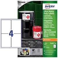 Avery B3483-50 Ultra Resistant Labels, 105 x 148 mm, Permanent, 4 Labels Per Sheet, 200 Labels Per Pack