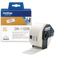 Brother DK-11208 Large Address Label, Black on White, 38x90mm, White, 400 Labels Per Roll