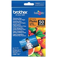 Brother 100mm x 150mm Premium Plus Photo Paper, Glossy, 260gsm, Pack of 50 Brother 100mm x 150mm Premium Plus Photo Paper, Glossy, 260gsm, Pack of 50