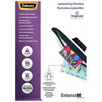 Fellowes Enhance A5 Laminating Pouch, 80 Micron, Clear Gloss, Pack of 100