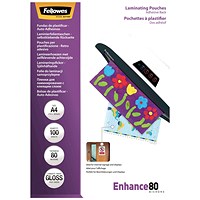 Fellowes Enhance A4 Laminating Pouches, Self Adhesive Back, 160 Microns, Glossy, Pack of 100