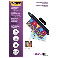 Fellowes Enhance A4 Laminating Pouches, Self Adhesive Back, 160 Microns, Glossy, Pack of 100