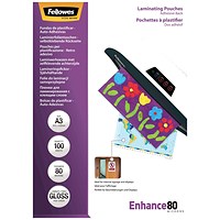Fellowes Enhance A3 Laminating Pouch, Adhesive Back, 80 Micron, Clear, High Gloss, Pack of 100
