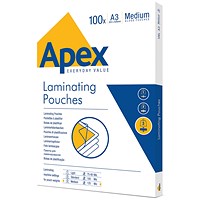Fellowes Apex A3 Laminating Pouches, 250 Microns, Glossy, Pack of 100