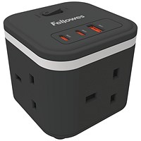 Fellowes Power Cube Type G UK/IE 3 Sockets 1 USB-A + 2 USB-C Ports Black