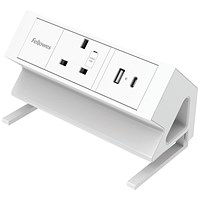 Fellowes Power Desk Type G UK/IE 1 Socket 1 USB-A + 1 USB-C Port White