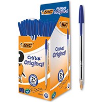 Bic Cristal Ball Pen, Clear Barrel, Blue, Pack of 50