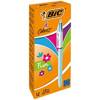 Bic 4 Colours Fashion Ball Pen, Pink Purple Turquoise Lime Green, Pack of 12