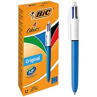 Bic 4-Colour Ball Pen, Blue Black Red Green, Pack of 12