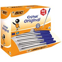 Bic Cristal Ball Pen, Clear Barrel, Blue, Pack of 100