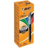 Bic 4 Colours Grip Pro Ball Pen, Blue Black Red Green, Pack of 12