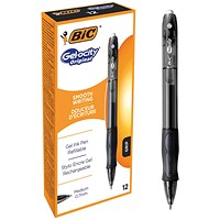 Bic Velocity Retractable Gel Rollerball Pen, Comfort Grip, Black, Pack of 12