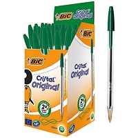 Bic Cristal Ball Pen, Clear Barrel, Green, Pack of 50