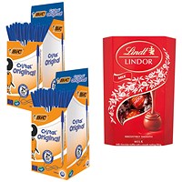 Bic Cristal Ball Pen, Clear Barrel, Blue, Pack of 50 - Buy 2 Get Lindor Milk Chocolate Box Free