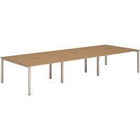 Impulse 6 Person Bench Desk, Back to Back, 6 x 1400mm (800mm Deep), Silver Frame, Oak