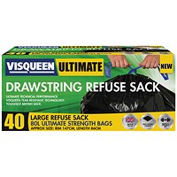 Visqueen Ultimate Drawstring Refuse Sack 80 Litre Black (Pack of 40)