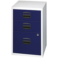 Bisley A4 Home Filing Cabinet, 3 Drawer(1 Suspension File Drawer), Grey and Blue