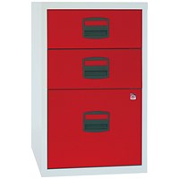 Bisley A4 Home Filing Cabinet, 3 Drawer(1 Suspension File Drawer), Grey and Red