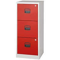 Bisley A4 Home Filing Cabinet, 3 Drawer, Grey and Red