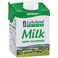 Lakeland Semi-Skimmed Longlife Milk Cartons, 500ml, Pack of 12