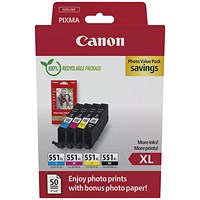 Canon CLI-551XL Inkjet Cartridges + Glossy Photo Paper Value Pack High Yield CMYK 6443B008