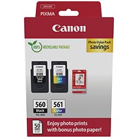 Canon PG-560/CL-561 Ink Cartridge K/CMY + 4 x 6 in Photo Paper Value Pack 3713C008