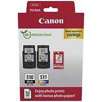 Canon PG-510/CL-511 Inkjet Cartridges + GP-501 Glossy Photo Paper 50 Sheets Value Pack 2970B017
