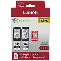 Canon PG-575XL/CL-576XL Ink Cartridges High Yield K/CMY + 4 x 6 in Photo Paper Value Pack 5437C006