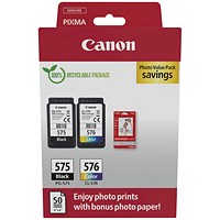 Canon PG-575/CL-576 Ink Cartridges K/CMY + 4 x 6 in Photo Paper Value Pack 5438C004